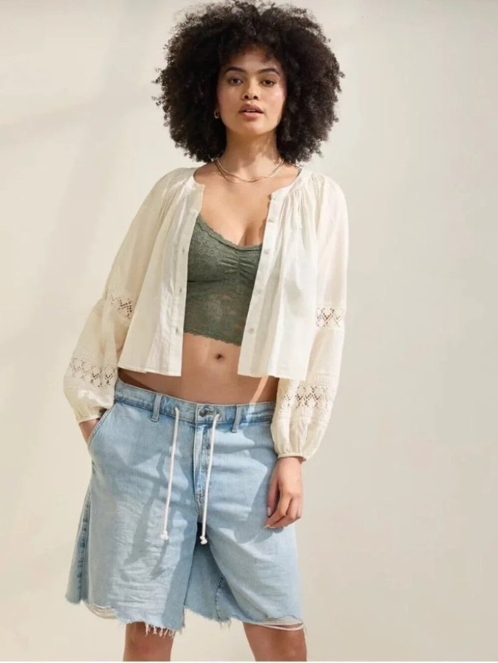 NWT Aerie Crochet Lace Balloon Sleeve Button-Front Blouse Size S